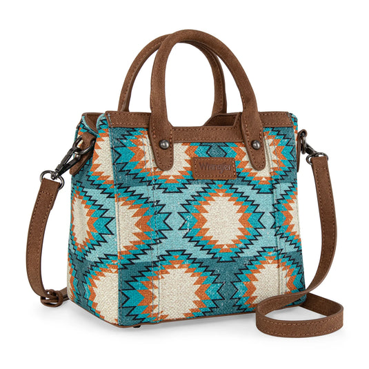 WG221-2022TQ - Wrangler Aztec Distressed Print Dual Sided Print Mini Tote/Crossbody -Turquoise