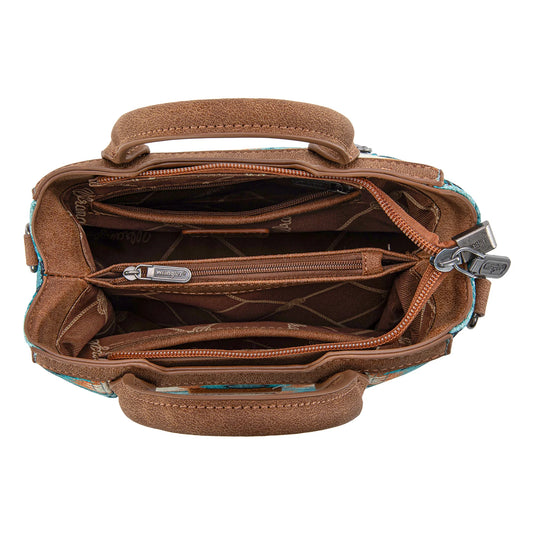 WG221-2022TQ - Wrangler Aztec Distressed Print Dual Sided Print Mini Tote/Crossbody -Turquoise
