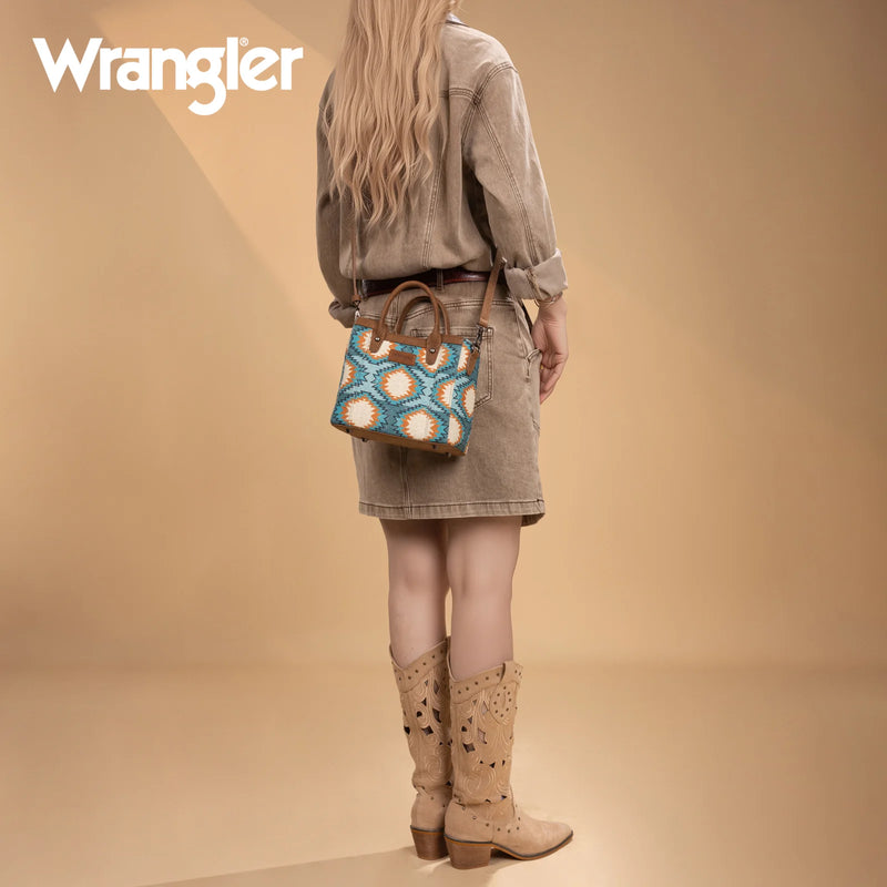 Load image into Gallery viewer, WG221-2022TQ - Wrangler Aztec Distressed Print Dual Sided Print Mini Tote/Crossbody -Turquoise
