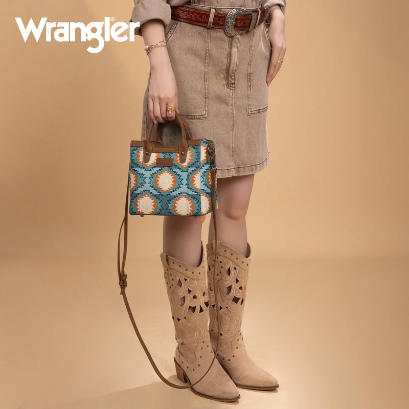 Load image into Gallery viewer, WG221-2022TQ - Wrangler Aztec Distressed Print Dual Sided Print Mini Tote/Crossbody -Turquoise
