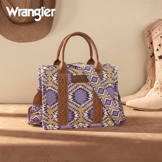 WG221-8120PP - Wrangler Aztec Distressed Print Dual Sided Print -Tote/Crossbody -Purple