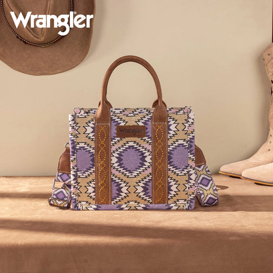 WG221-8120PP - Wrangler Aztec Distressed Print Dual Sided Print -Tote/Crossbody -Purple