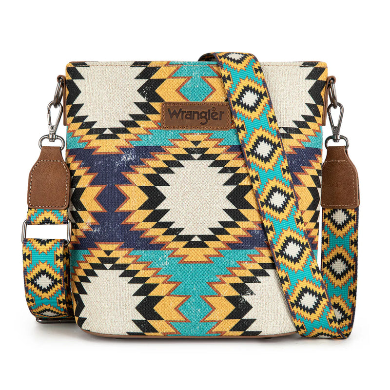 Load image into Gallery viewer, WG221-8360GN - Wrangler Aztec Distressed Print Dual Sided Print Crossbody - Green
