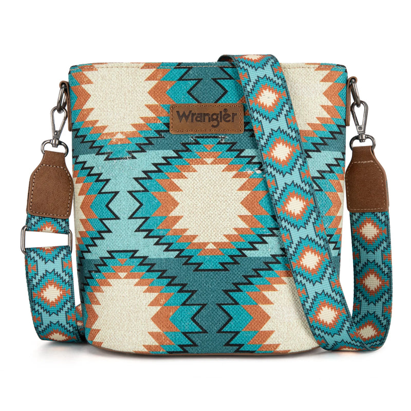 Load image into Gallery viewer, WG221-8360TQ - Wrangler Aztec Distressed Print Dual Sided Print Crossbody
