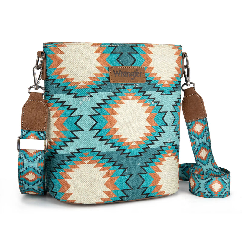 Load image into Gallery viewer, WG221-8360TQ - Wrangler Aztec Distressed Print Dual Sided Print Crossbody
