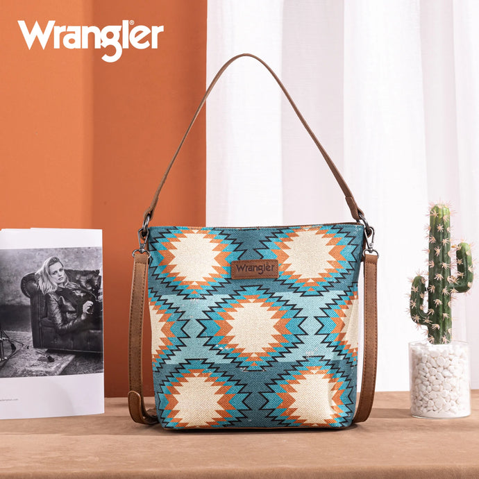 WG221-918TQ - Wrangler Aztec Distressed Print Dual Sided Print Hobo Bag/Crossbody