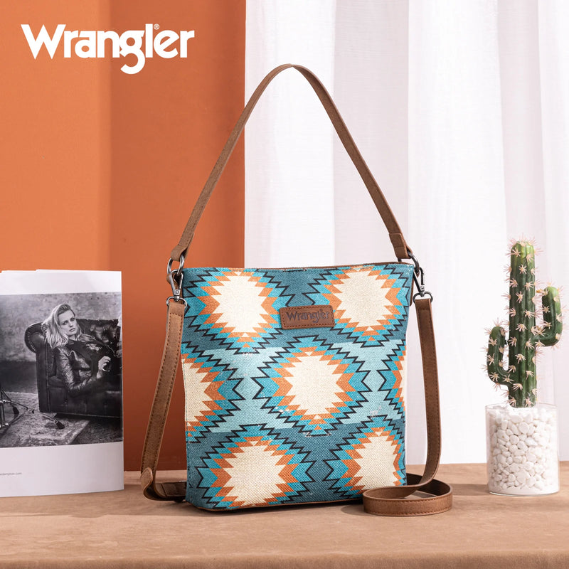 Load image into Gallery viewer, WG221-918TQ - Wrangler Aztec Distressed Print Dual Sided Print Hobo Bag/Crossbody
