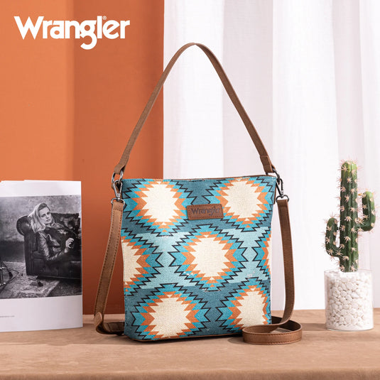 WG221-918TQ - Wrangler Aztec Distressed Print Dual Sided Print Hobo Bag/Crossbody