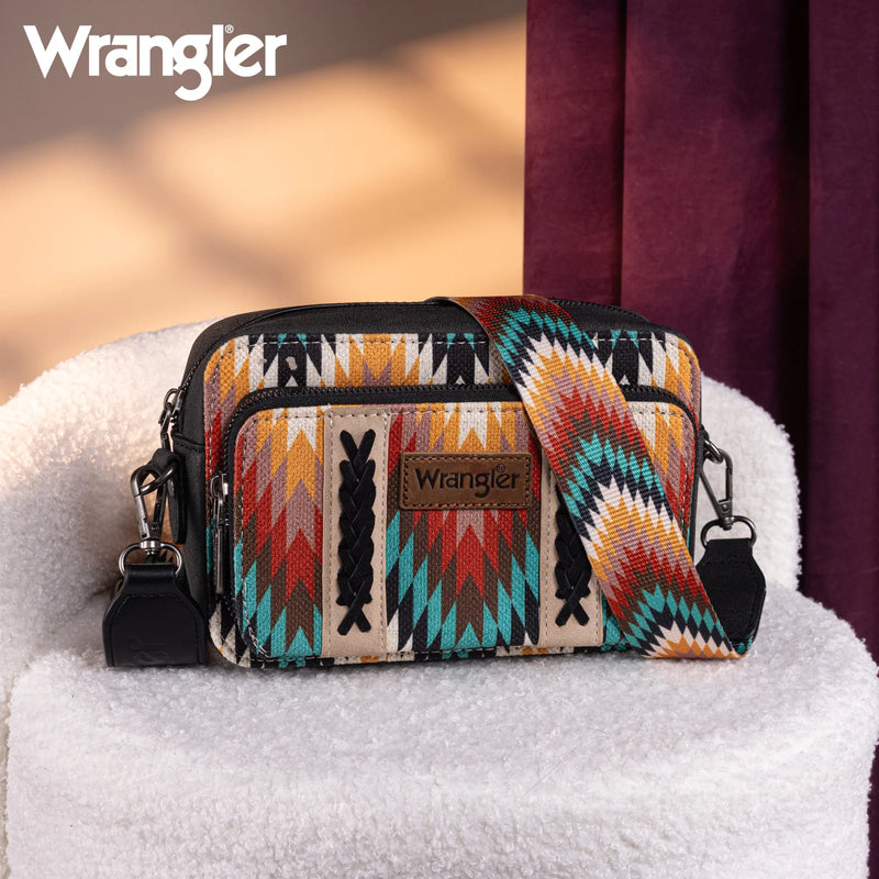 Load image into Gallery viewer, WG2211-3003BK - Wrangler Southwestern Crossbody Purse With Wallet Compartment - Black
