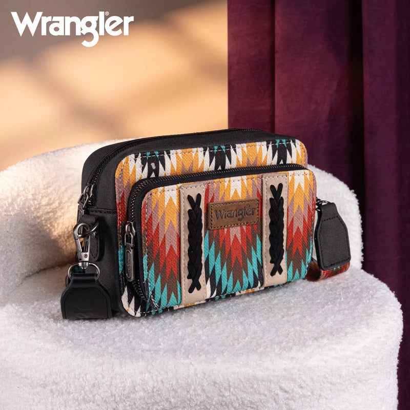 Load image into Gallery viewer, WG2211-3003BK - Wrangler Southwestern Crossbody Purse With Wallet Compartment - Black
