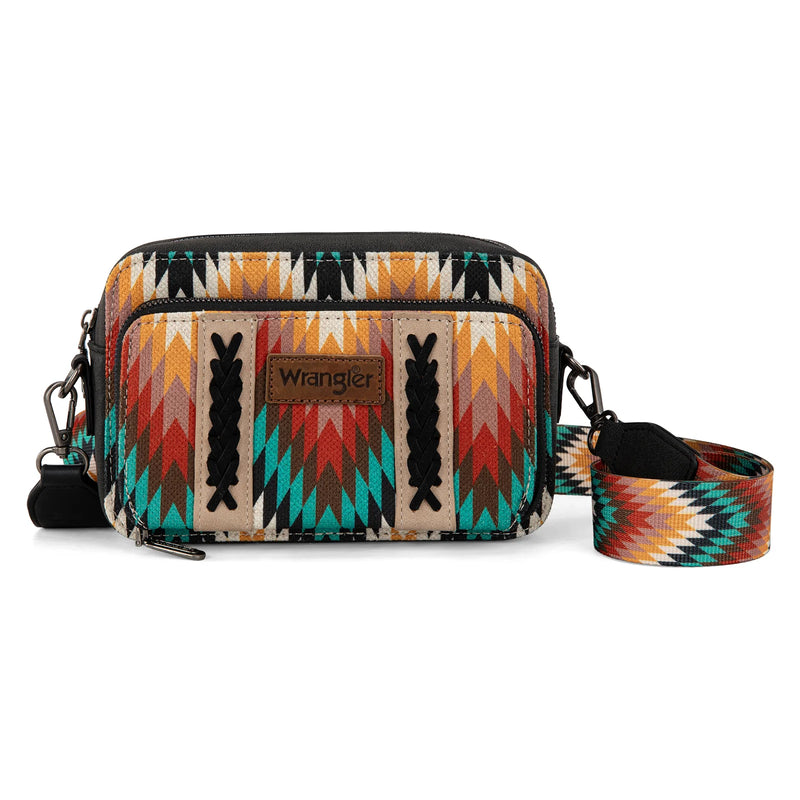 Load image into Gallery viewer, WG2211-3003BK - Wrangler Southwestern Crossbody Purse With Wallet Compartment - Black

