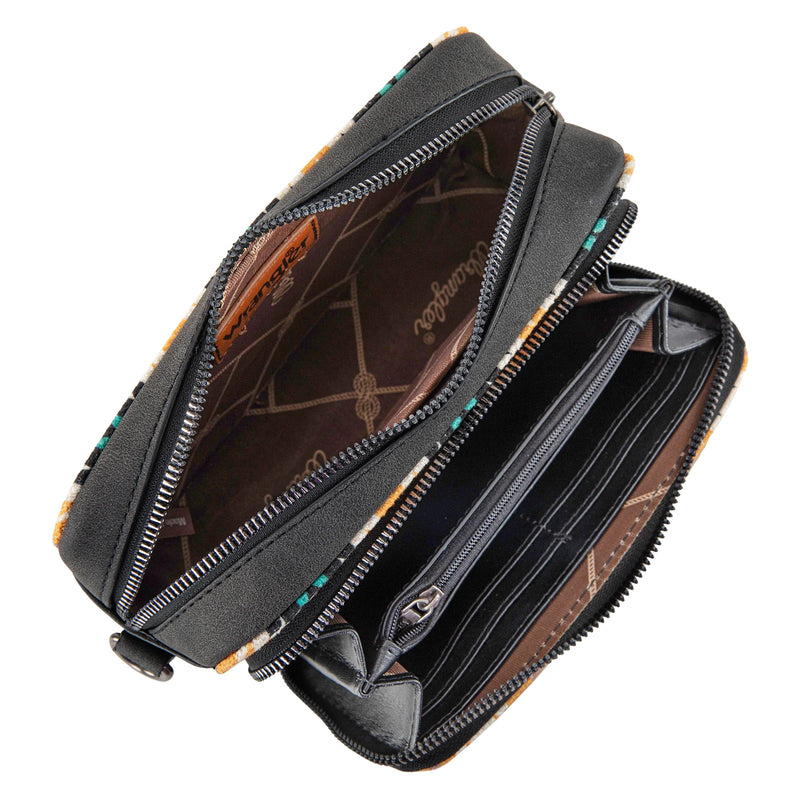 Load image into Gallery viewer, WG2211-3003BK - Wrangler Southwestern Crossbody Purse With Wallet Compartment - Black
