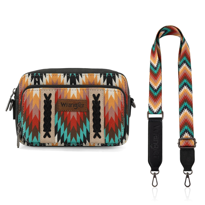 Load image into Gallery viewer, WG2211-3003BK - Wrangler Southwestern Crossbody Purse With Wallet Compartment - Black
