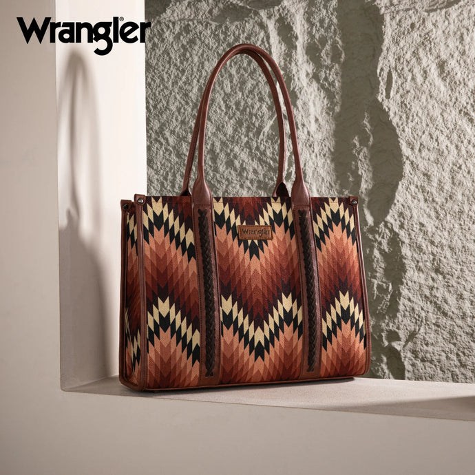 WG2211-8119BR - Wrangler Southwestern Pattern Dual Sided Print Concealed Carry Wide Tote - Brown