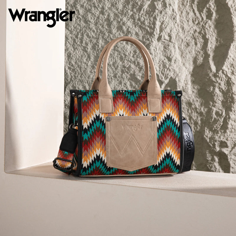 Load image into Gallery viewer, WG2211-8120SBK - Wrangler Southwestern Pattern Dual Sided Print Tote/Crossbody - Black
