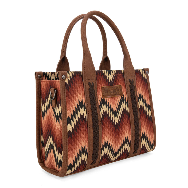 Load image into Gallery viewer, WG2211-8120SBR - Wrangler Southwestern Pattern Dual Sided Print Tote/Crossbody - Brown
