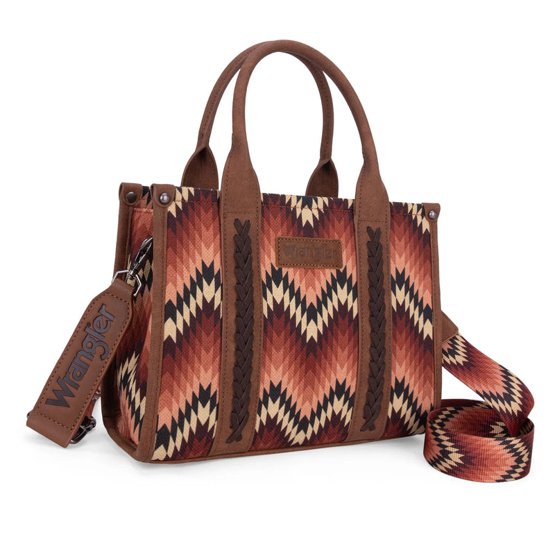 Load image into Gallery viewer, WG2211-8120SBR - Wrangler Southwestern Pattern Dual Sided Print Tote/Crossbody - Brown
