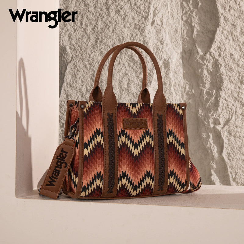 Load image into Gallery viewer, WG2211-8120SBR - Wrangler Southwestern Pattern Dual Sided Print Tote/Crossbody - Brown
