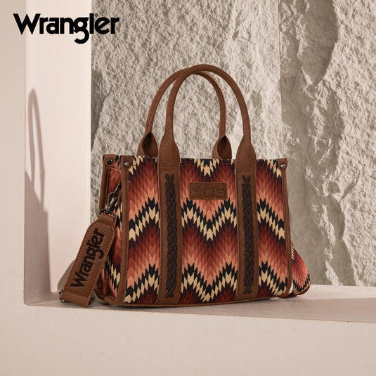 WG2211-8120SBR - Wrangler Southwestern Pattern Dual Sided Print Tote/Crossbody - Brown