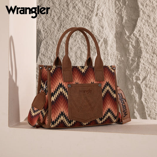WG2211-8120SBR - Wrangler Southwestern Pattern Dual Sided Print Tote/Crossbody - Brown
