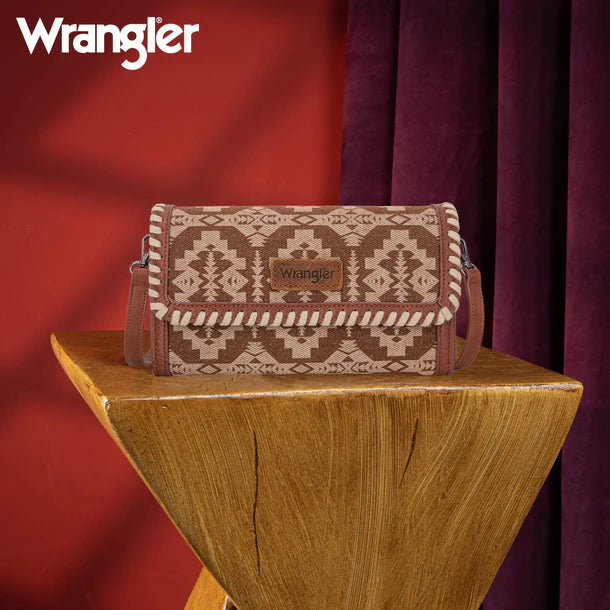 Load image into Gallery viewer, WG2212-C012BR - Wrangler Southwestern Print Wallet/Wristlet/Crossbody Bag - Brown
