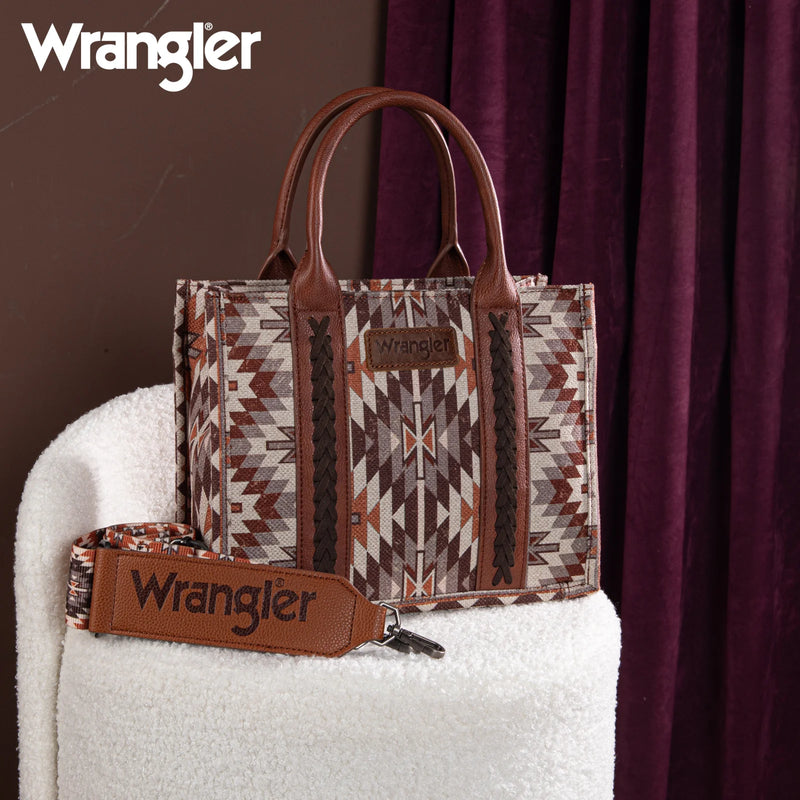 Load image into Gallery viewer, WG2213-8120SBR - Wrangler Southwestern Pattern Dual Sided Print -Tote/Crossbody - Brown
