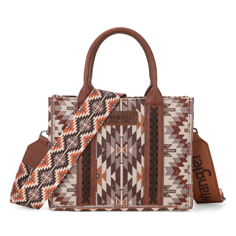 Load image into Gallery viewer, WG2213-8120SBR - Wrangler Southwestern Pattern Dual Sided Print -Tote/Crossbody - Brown
