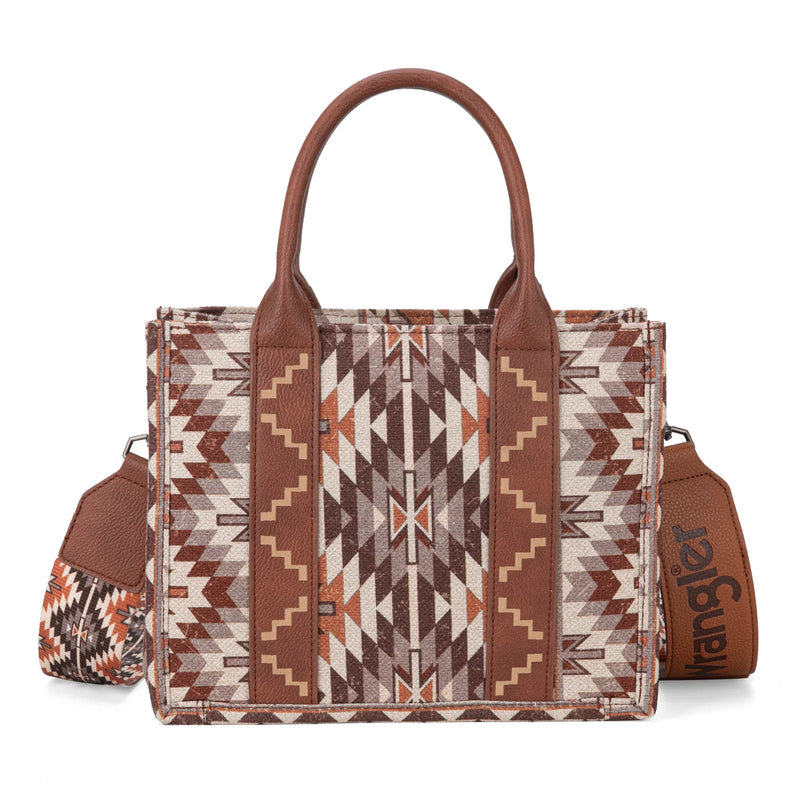 Load image into Gallery viewer, WG2213-8120SBR - Wrangler Southwestern Pattern Dual Sided Print -Tote/Crossbody - Brown
