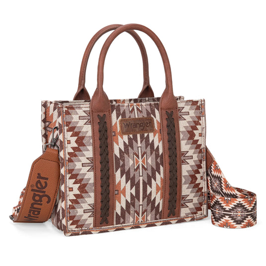 WG2209-8120SBR - Wrangler Aztec Pattern Dual Sided Print -Tote/Crossbody -Brown