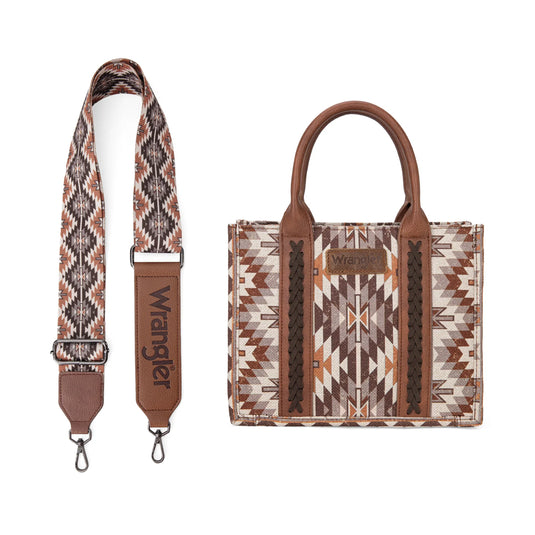 WG2209-8120SBR - Wrangler Aztec Pattern Dual Sided Print -Tote/Crossbody -Brown