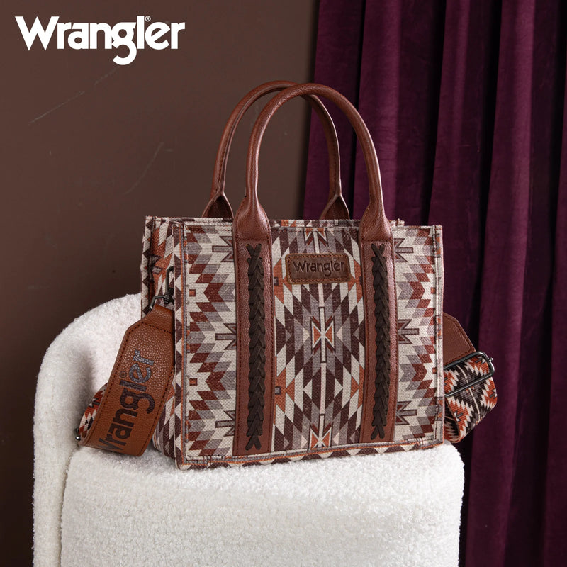 Load image into Gallery viewer, WG2213-8120SBR - Wrangler Southwestern Pattern Dual Sided Print -Tote/Crossbody - Brown
