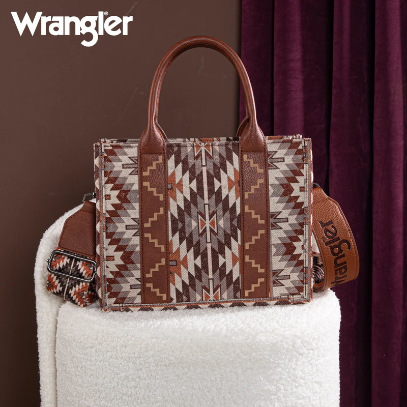 Load image into Gallery viewer, WG2213-8120SBR - Wrangler Southwestern Pattern Dual Sided Print -Tote/Crossbody - Brown
