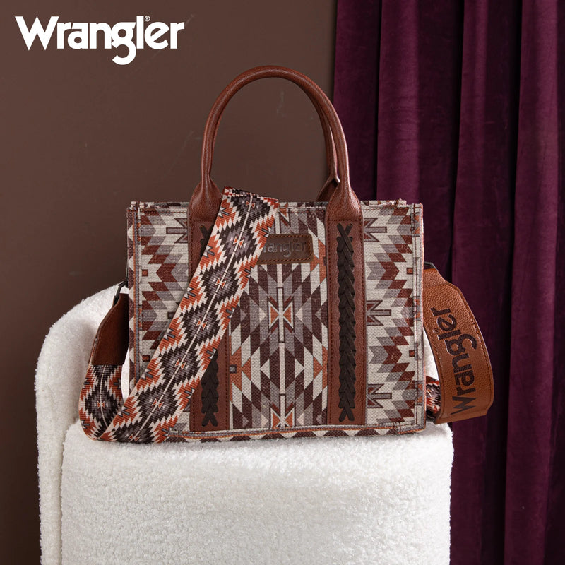 Load image into Gallery viewer, WG2213-8120SBR - Wrangler Southwestern Pattern Dual Sided Print -Tote/Crossbody - Brown
