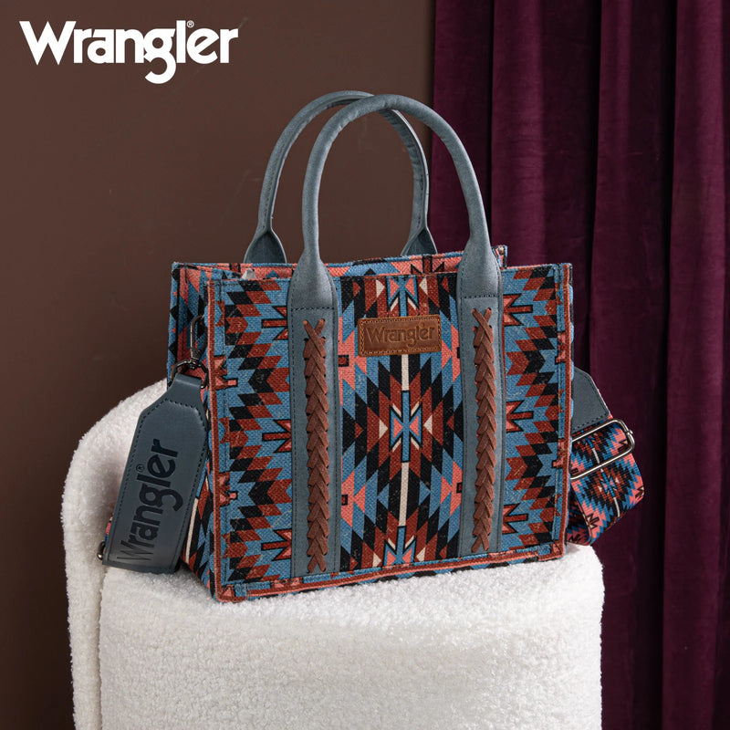 Load image into Gallery viewer, WG2213-8120SNY - Wrangler Southwestern Pattern Dual Sided Print -Tote/Crossbody -NAVY
