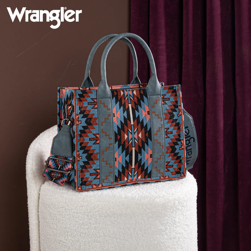 Load image into Gallery viewer, WG2213-8120SNY - Wrangler Southwestern Pattern Dual Sided Print -Tote/Crossbody -NAVY
