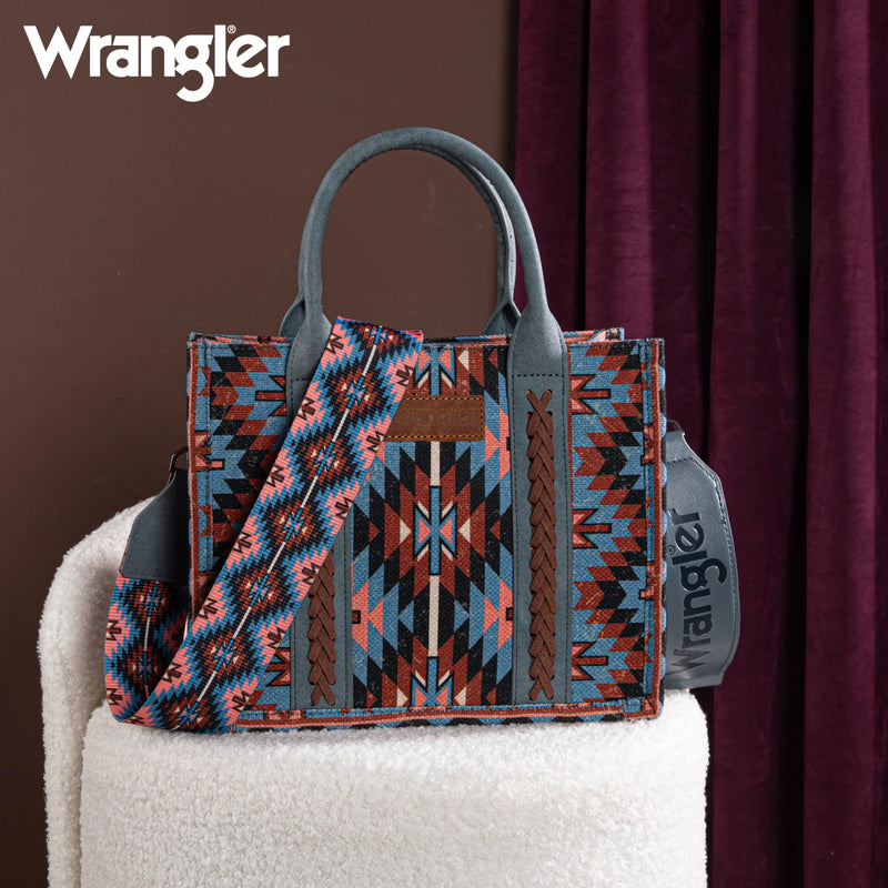 Load image into Gallery viewer, WG2213-8120SNY - Wrangler Southwestern Pattern Dual Sided Print -Tote/Crossbody -NAVY
