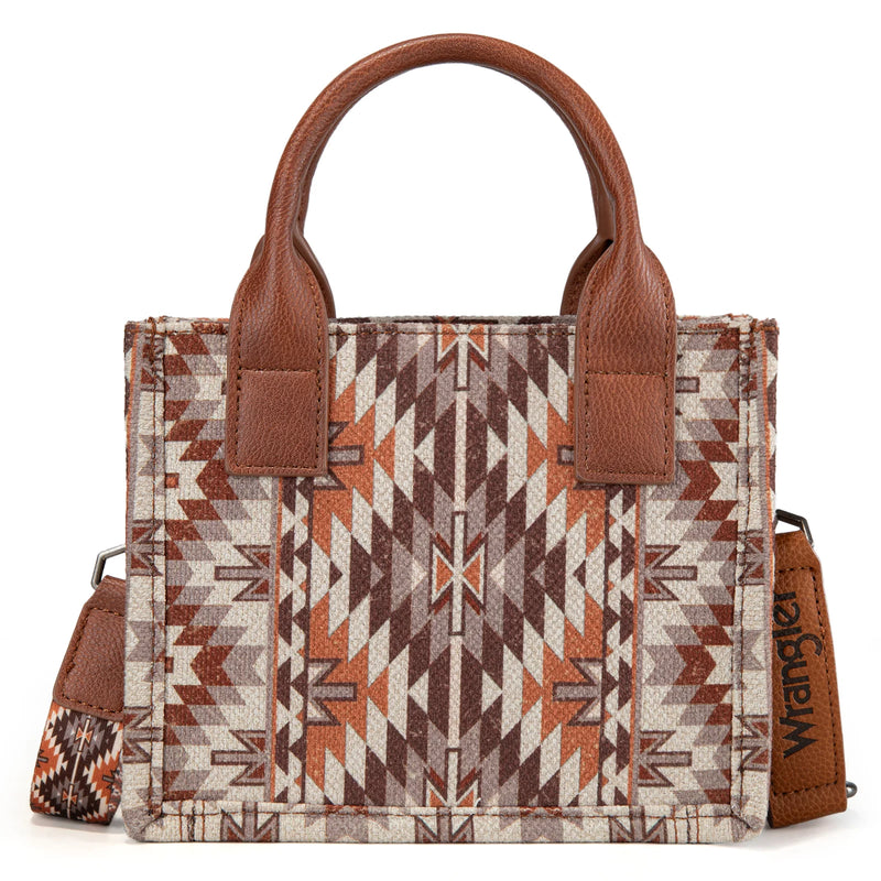 Load image into Gallery viewer, WG2213-8866SBR - Wrangler Southwestern Pattern Dual Sided Print Mini Tote/Crossbody - Brown
