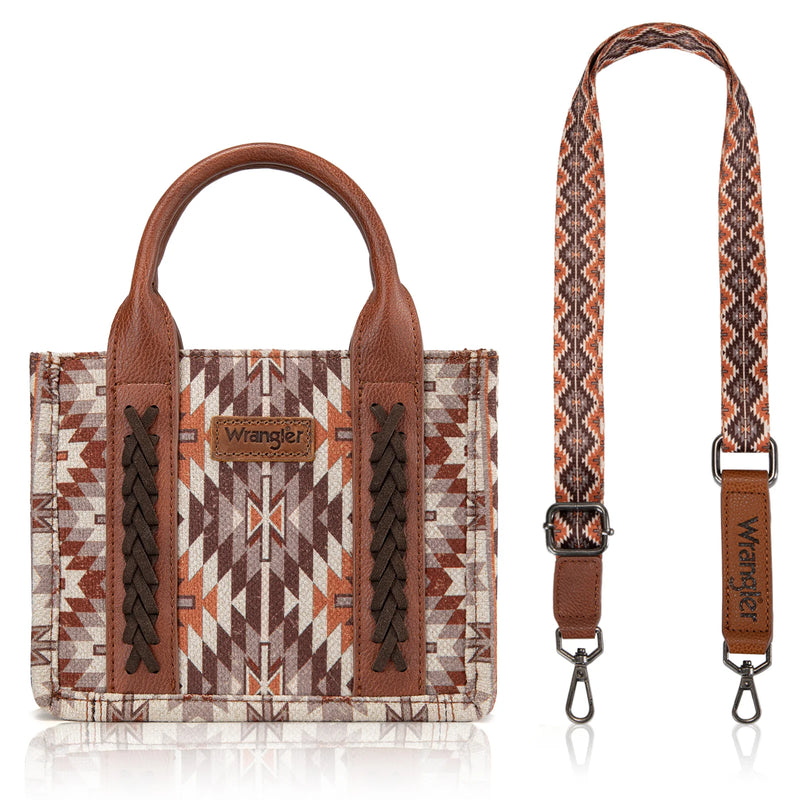 Load image into Gallery viewer, WG2213-8866SBR - Wrangler Southwestern Pattern Dual Sided Print Mini Tote/Crossbody - Brown
