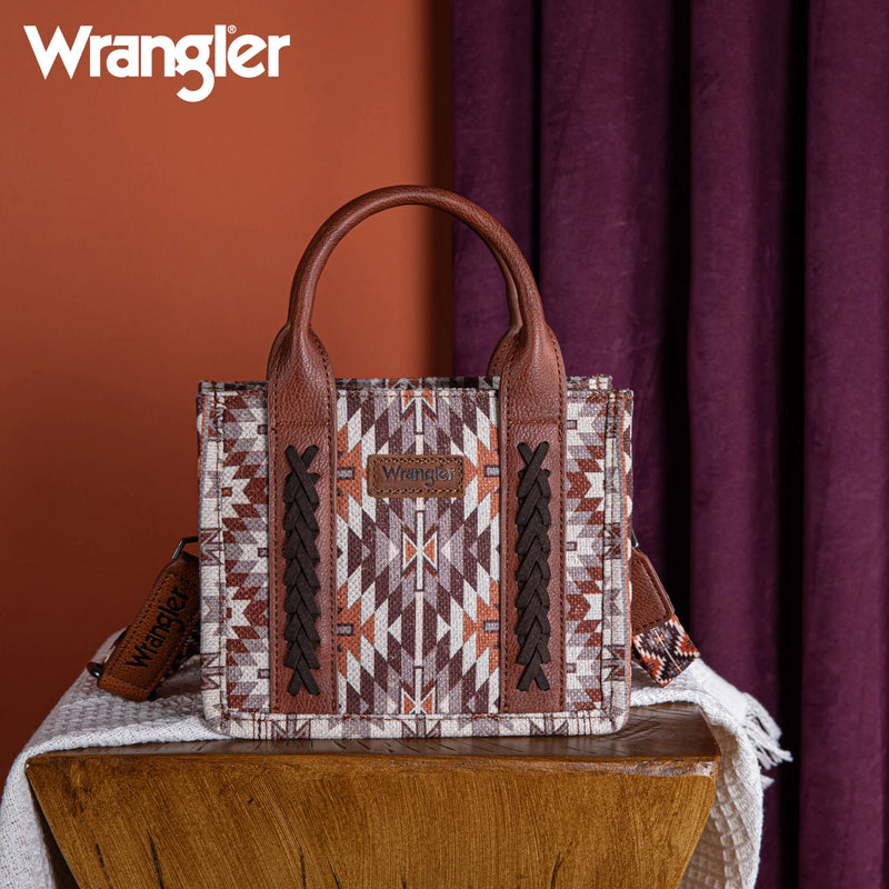 Load image into Gallery viewer, WG2213-8866SBR - Wrangler Southwestern Pattern Dual Sided Print Mini Tote/Crossbody - Brown
