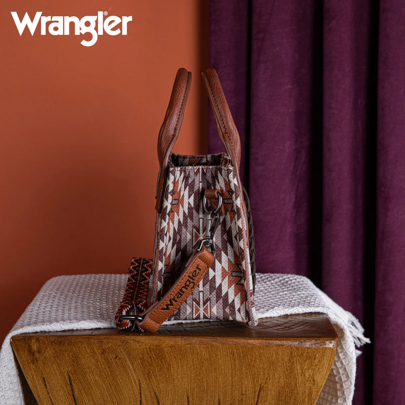 Load image into Gallery viewer, WG2213-8866SBR - Wrangler Southwestern Pattern Dual Sided Print Mini Tote/Crossbody - Brown
