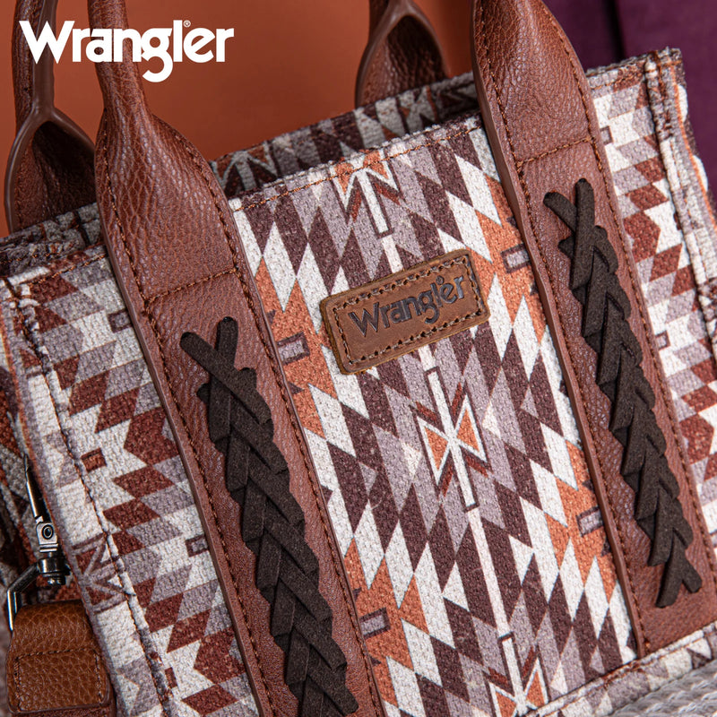 Load image into Gallery viewer, WG2213-8866SBR - Wrangler Southwestern Pattern Dual Sided Print Mini Tote/Crossbody - Brown
