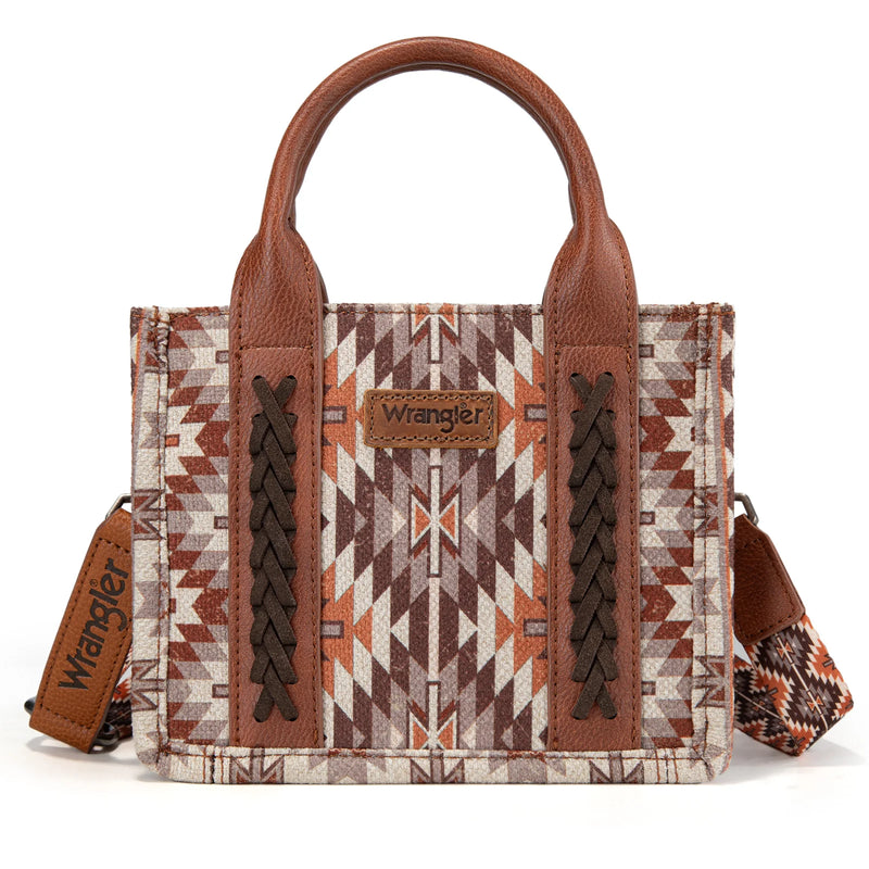 Load image into Gallery viewer, WG2213-8866SBR - Wrangler Southwestern Pattern Dual Sided Print Mini Tote/Crossbody - Brown
