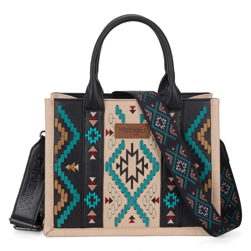 Load image into Gallery viewer, WG2214-8120BK - Wrangler Aztec Embroidered Tote/Crossbody - Black
