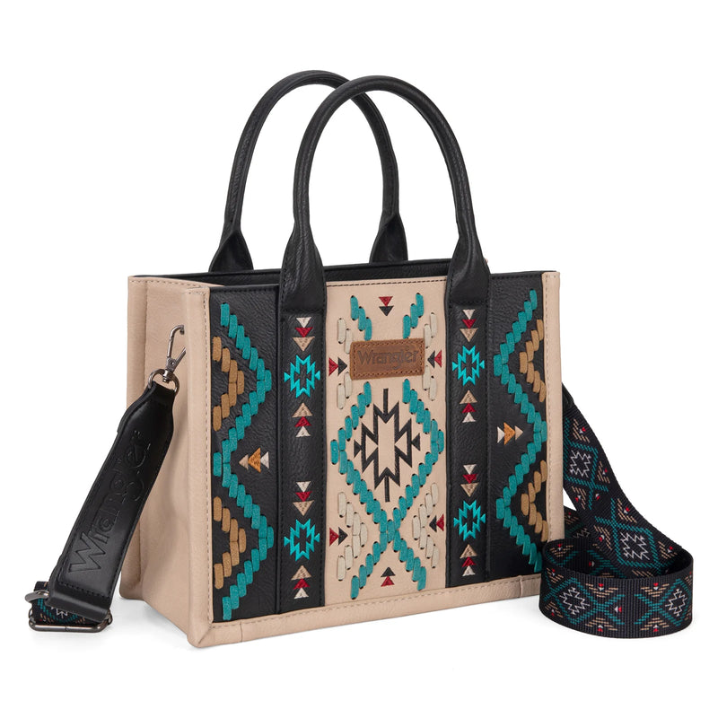 Load image into Gallery viewer, WG2214-8120BK - Wrangler Aztec Embroidered Tote/Crossbody - Black
