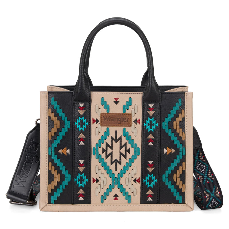 Load image into Gallery viewer, WG2214-8120BK - Wrangler Aztec Embroidered Tote/Crossbody - Black
