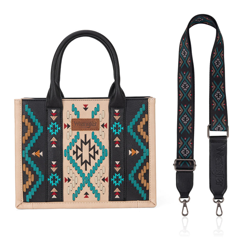 Load image into Gallery viewer, WG2214-8120BK - Wrangler Aztec Embroidered Tote/Crossbody - Black
