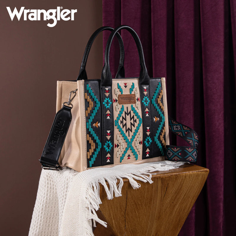 Load image into Gallery viewer, WG2214-8120BK - Wrangler Aztec Embroidered Tote/Crossbody - Black
