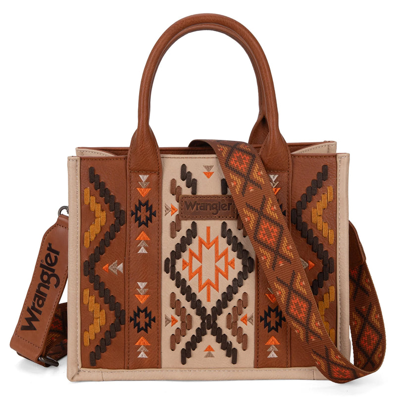 Load image into Gallery viewer, WG2214-8120BR - Wrangler Aztec Embroidered Tote/Crossbody - Brown
