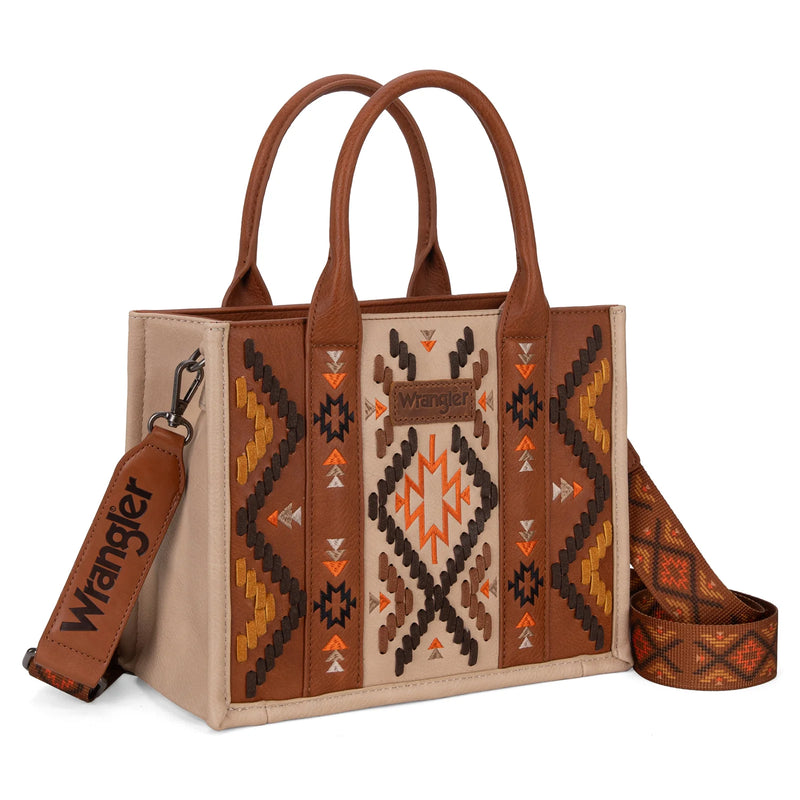 Load image into Gallery viewer, WG2214-8120BR - Wrangler Aztec Embroidered Tote/Crossbody - Brown
