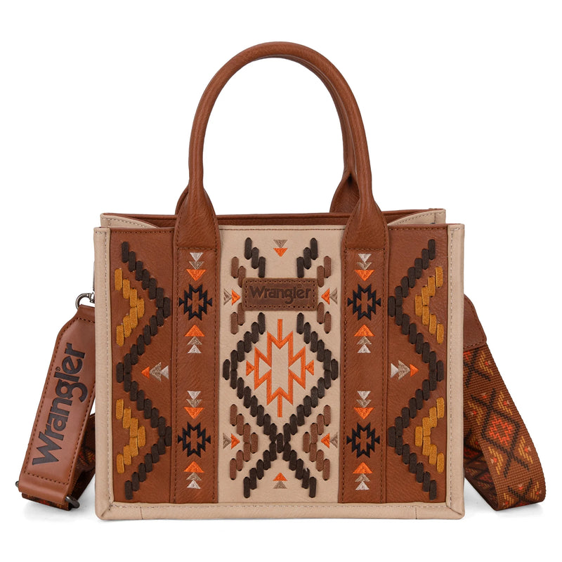 Load image into Gallery viewer, WG2214-8120BR - Wrangler Aztec Embroidered Tote/Crossbody - Brown
